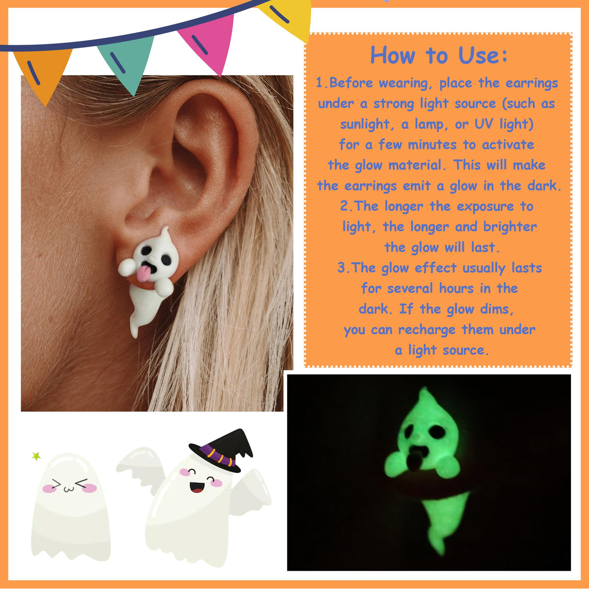 Halloween Ghost Earrings for Women Glow-In-The-Dark Cute Spooky Animal Bite Stud Earrings Halloween Jewelry Gifts Accessories Costumes