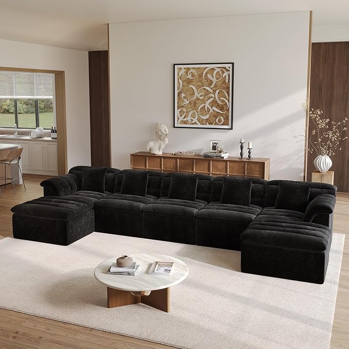 SUNG7 172" Modular Sofa with Ottoman, Boneless Cloud Couch with Deep Seat, Comfy U-Shape Corduroy Couches for Living Room, No Assembly Required, Black