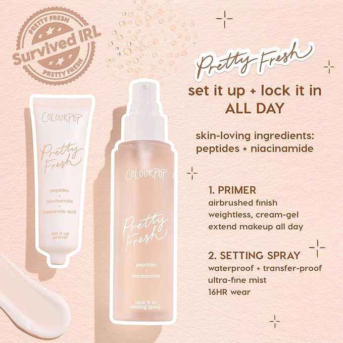 ColourPop Pretty Fresh Makeup Prep & Set Duo – Set It Up Primer (Weightless Cream-Gel), Lock It In Setting Spray (Ultra-Fine Mist), Hydrating & Shine-Control Makeup Essentials