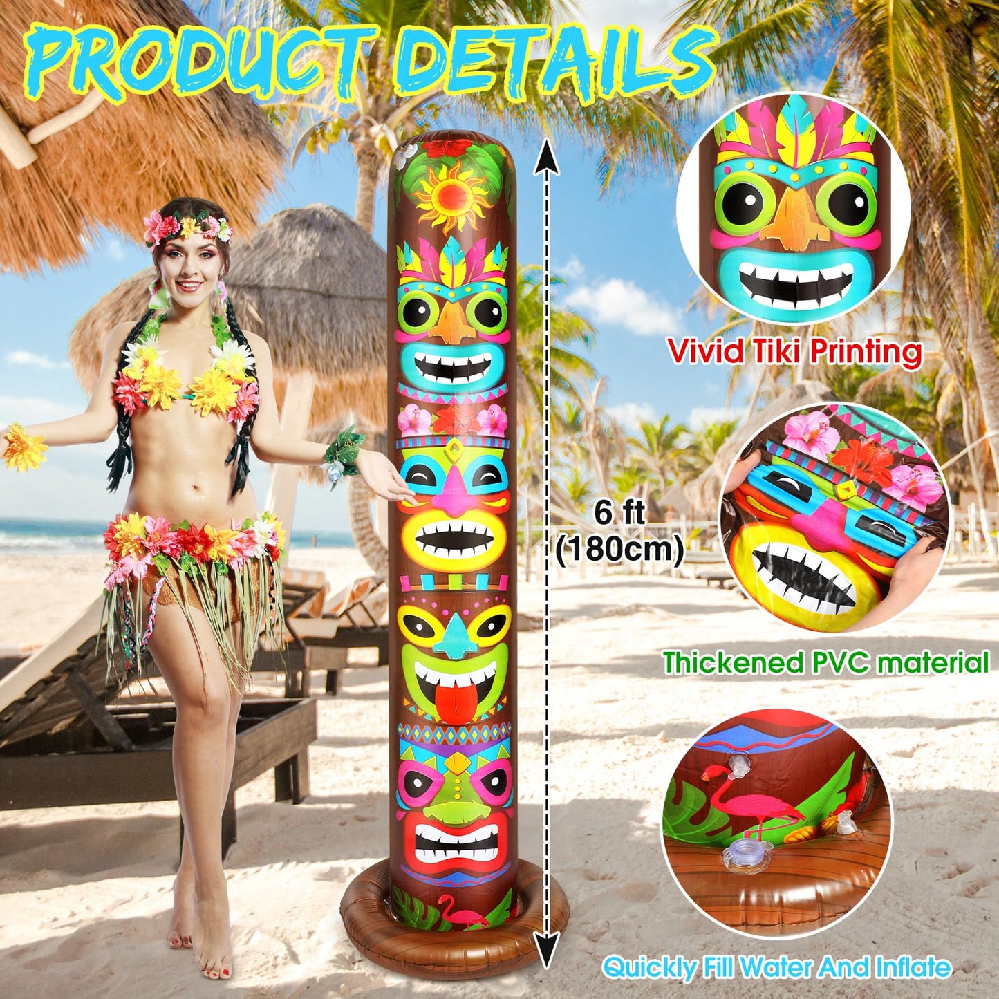 Leyndo 2 Pack 6 ft Inflatable Tiki Luau Party Decorations Hawaiian Luau Tropical Inflatables Tiki Decorations Blow up Party Beach Supplies for Hawaiian Parties Bar Summer Pool Outdoor Yard Decor