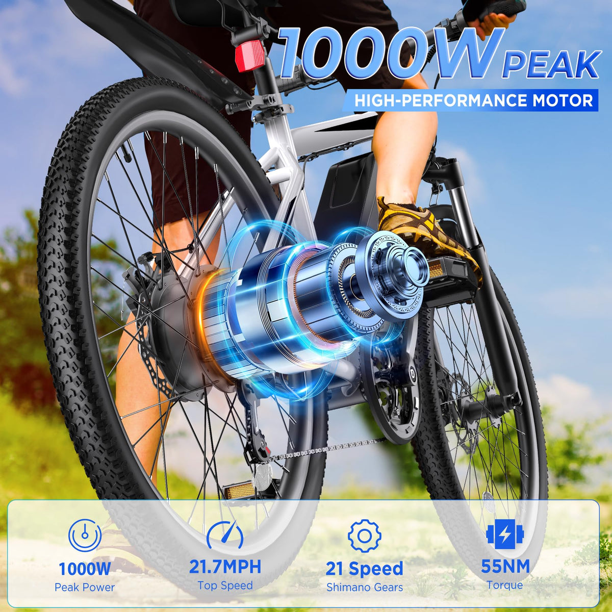 Funhang Electric Bike for Adults, 26'' 1000W Peak Ebike, Up to 50 Miles 21.7MPH Electric Mountain Bike with 48V 374.4WH Removable Battery, Adjustable Stem, Fenders, Lockable Suspension Fork, 21-Speed