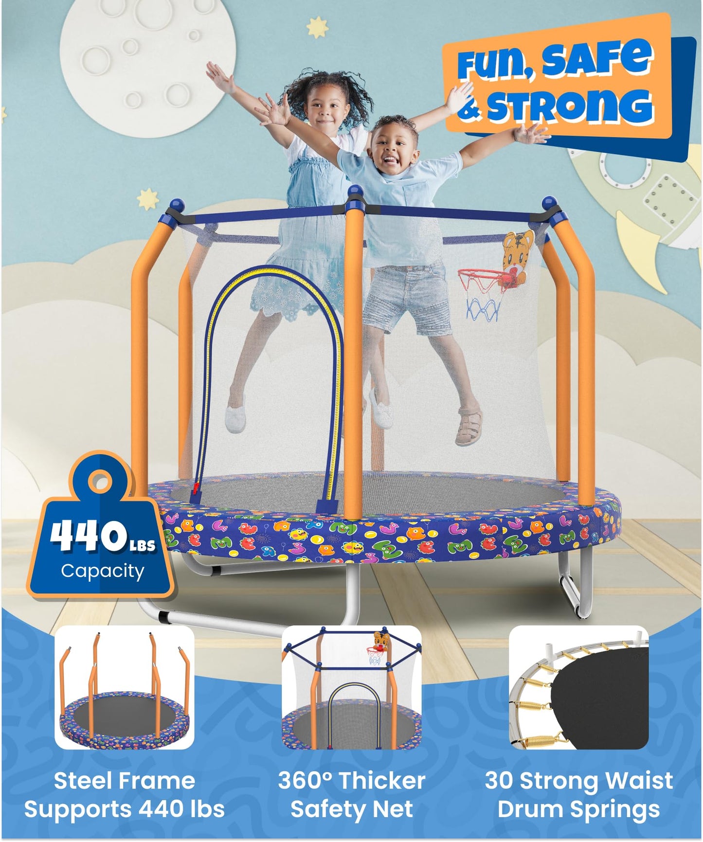 Mersco 55" Indoor Trampoline for Kids, Mini Indoor & Outdoor Small Toddler Trampoline with Net and Basketball Hoop,Birthday Gifts for Boy and Girl, 440lbs Capacity, Age 1-8