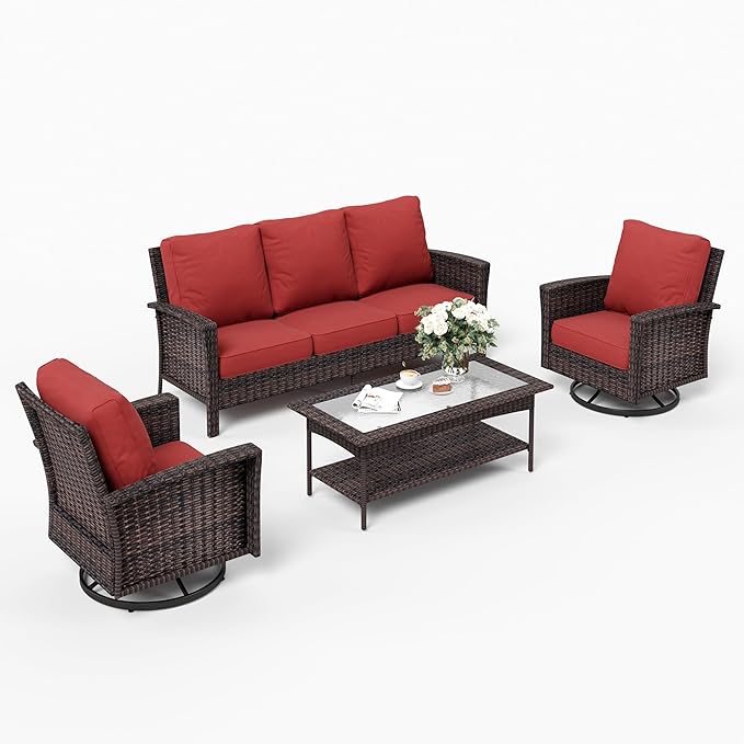 SUNSHINE VALLEY Patio Furniture Set with Swivel Chairs, High Back Wicker Rattan Furniture with 5.5" Thick Cushions and Coffee Table, Outdoor Conversation Set for Backyard Deck, 5 Seats, Red
