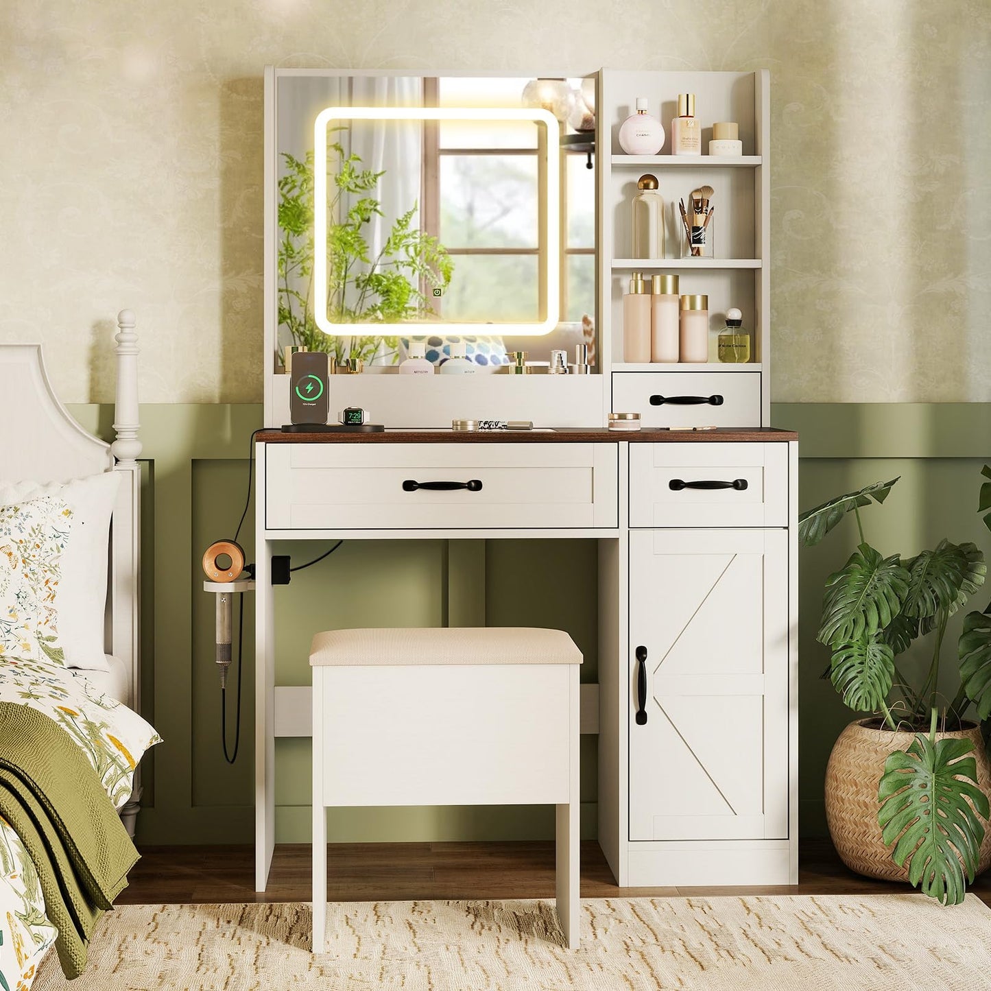 CHARMAID Glass Top Vanity Desk with Lighted Mirror, Storage Stool & Drawers, Charging Station, Farmhouse Makeup Vanity Table with Mirror and Lights for Bedroom