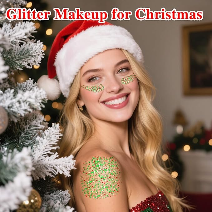 Christmas Hair Glitter Stick,Green Red Face Body Glitter for Kids,Waterproof Christmas Outfits for Women, Stocking Stuffers Sparkling Festival Party Gift for Women Girls,Chunky Glitter Makeup