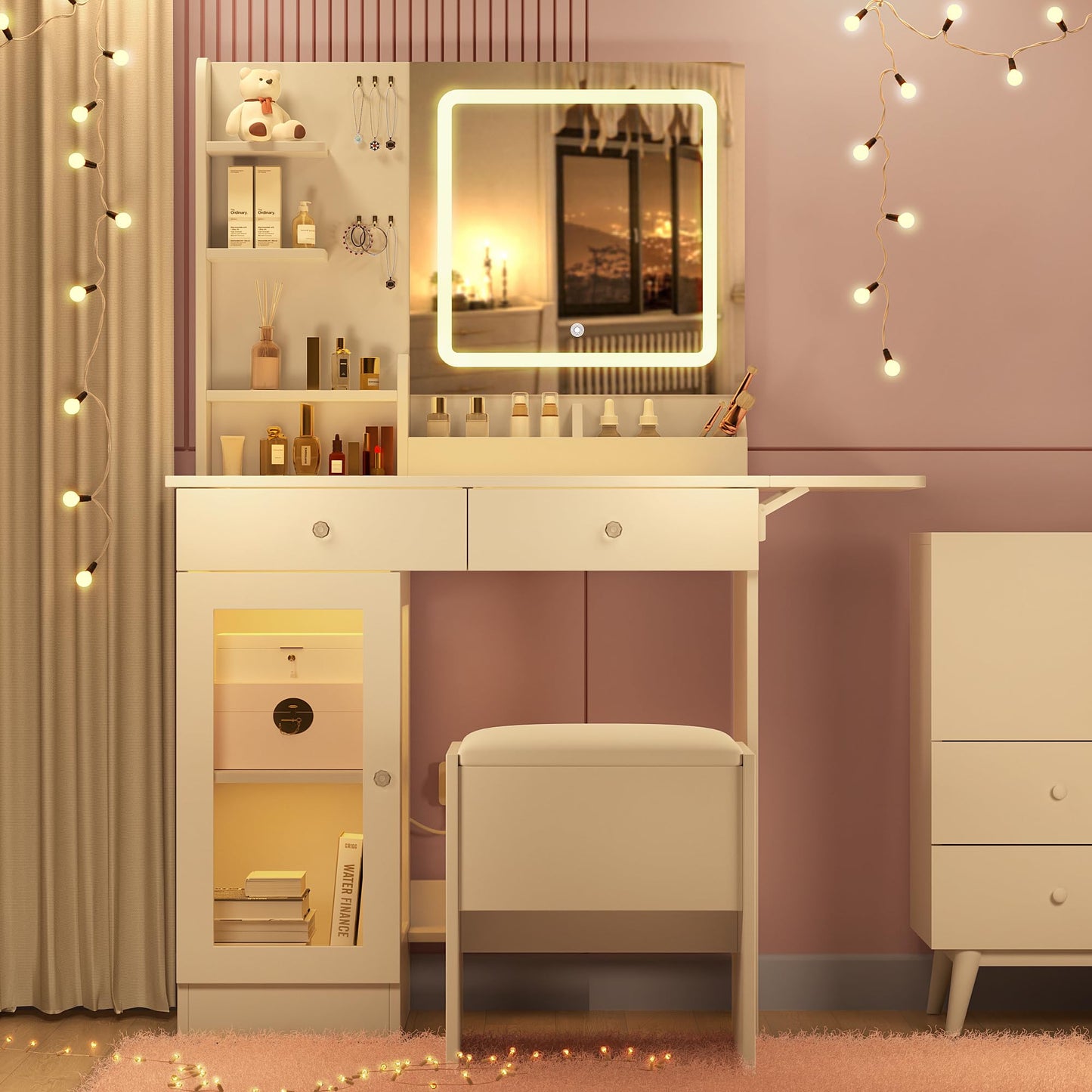 Furnistar Vanity Desk with 3-Colors LED Lights-Mirror and Stool Vanity Set with Power Strip Makeup Vanity with one Cabinet and Two Drawers Dressing Table Set for Women White