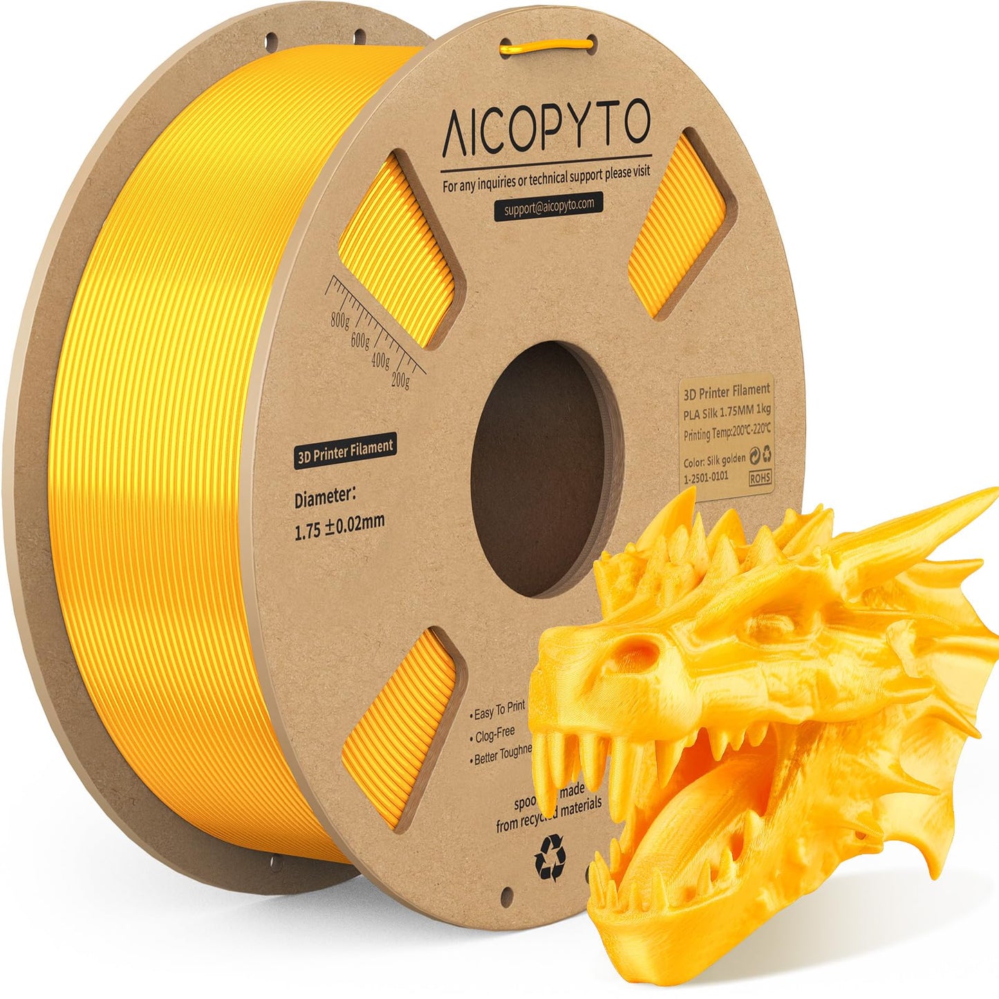 AICOPYTO Gold Silk PLA Filament 1.75mm, Clog-Free Shiny 3D Printer Filament 1KG Spool (2.2lbs) Dimensional Accuracy Probability