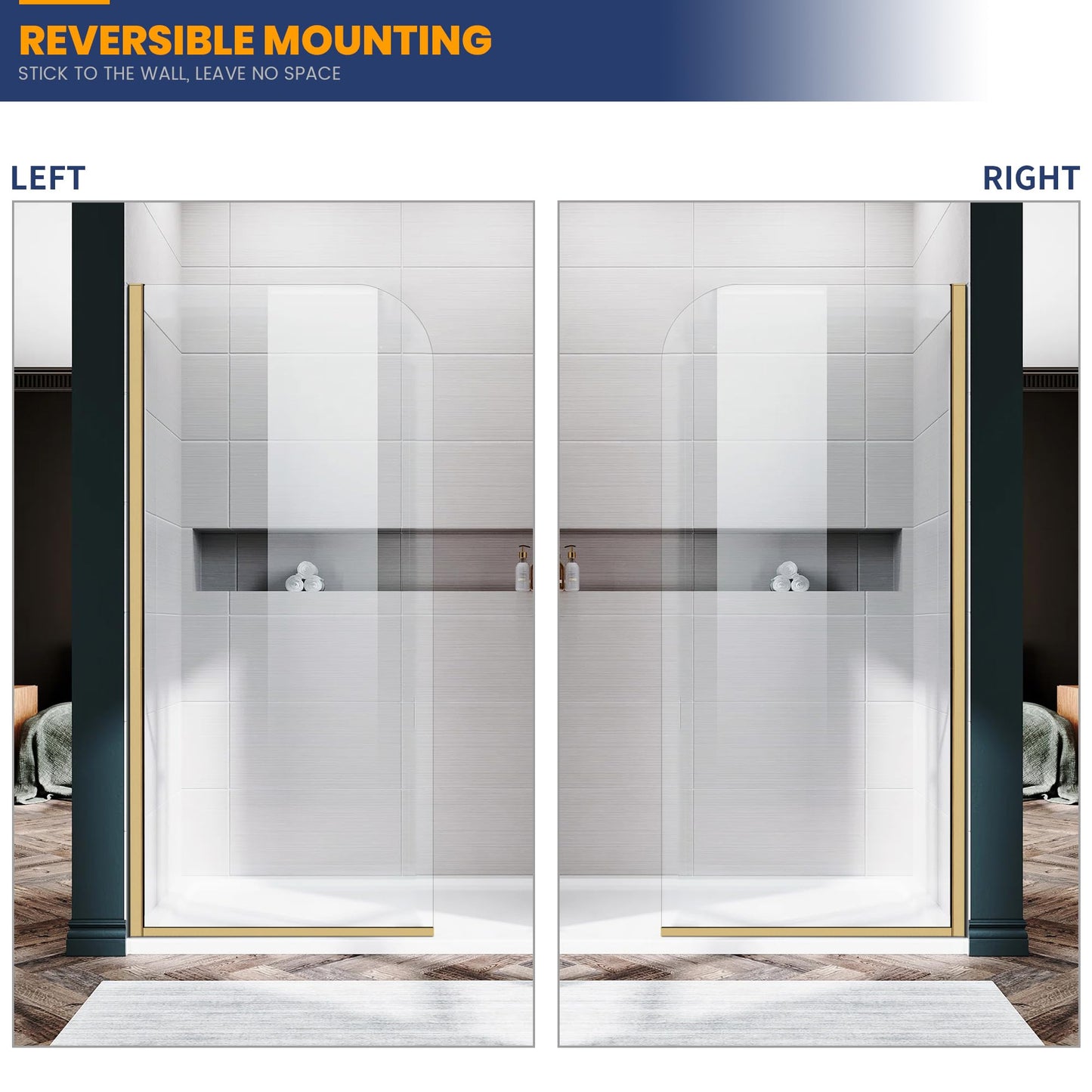 Glass Shower Panel, 34" W x 74" H Semi-Framed Fixed Shower Glass Panel in Brushed Gold with 5/16"(8mm) Clear Tempered Glass Door, Simple Shower Door Panel for Bathroom
