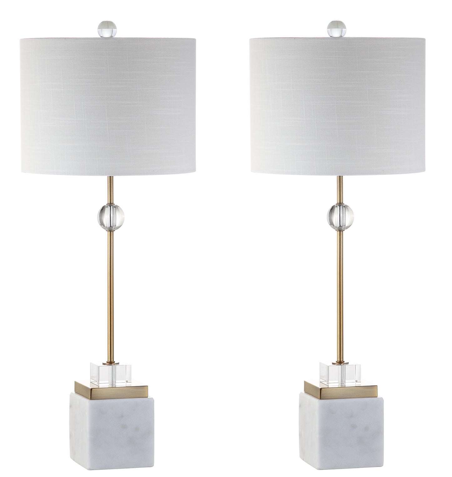 JONATHAN Y 30" White Marble and Brass Gold LED Table Lamp Set of 2, Modern Glam Crystal Pedestal Lamps for Living Room Bedroom, White Linen Shade, LED Bulbs Included JYL5008A-SET2