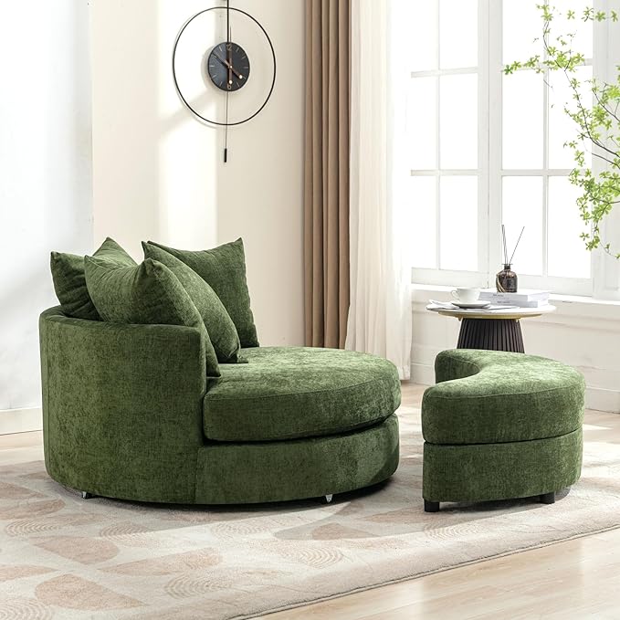 Yoglad Oversized Round Swivel Accent Chair - Modern 360 Degree Barrel Chairs with Storage Ottoman, for Living Room, Bedroom(Chenille - Green)