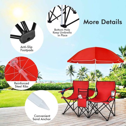 ReunionG Double Folding Camping Chairs, Portable Beach Chairs with Removable Umbrella & Mini Table Carrying Bag, Outdoor Lawn Chairs for Picnic, Patio, Pool, Park (Red)