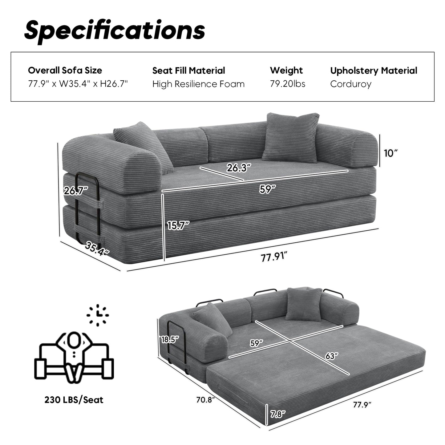 ZEIINPA Comfy Convertible Folding Mattress Couch, Floor Sofa Bed with Fixed-Shape Frame, Corduroy Floor Sofa with Armrest, Floor Sofa Lounge Couch for Living Room Bedroom Lounge Studio,Grey
