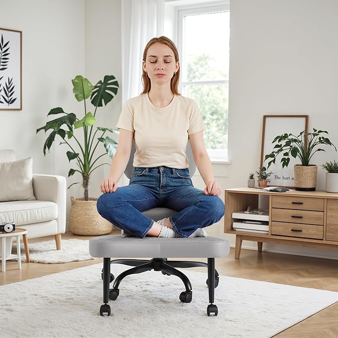 Homall Ergonomic Cross Legged Office Desk Chair with Wheels, 360° Swivel and Adjustable Height for Meditation and ADHD,Criss Cross Kneeling Chair with Lumbar Support (Leather, Grey)