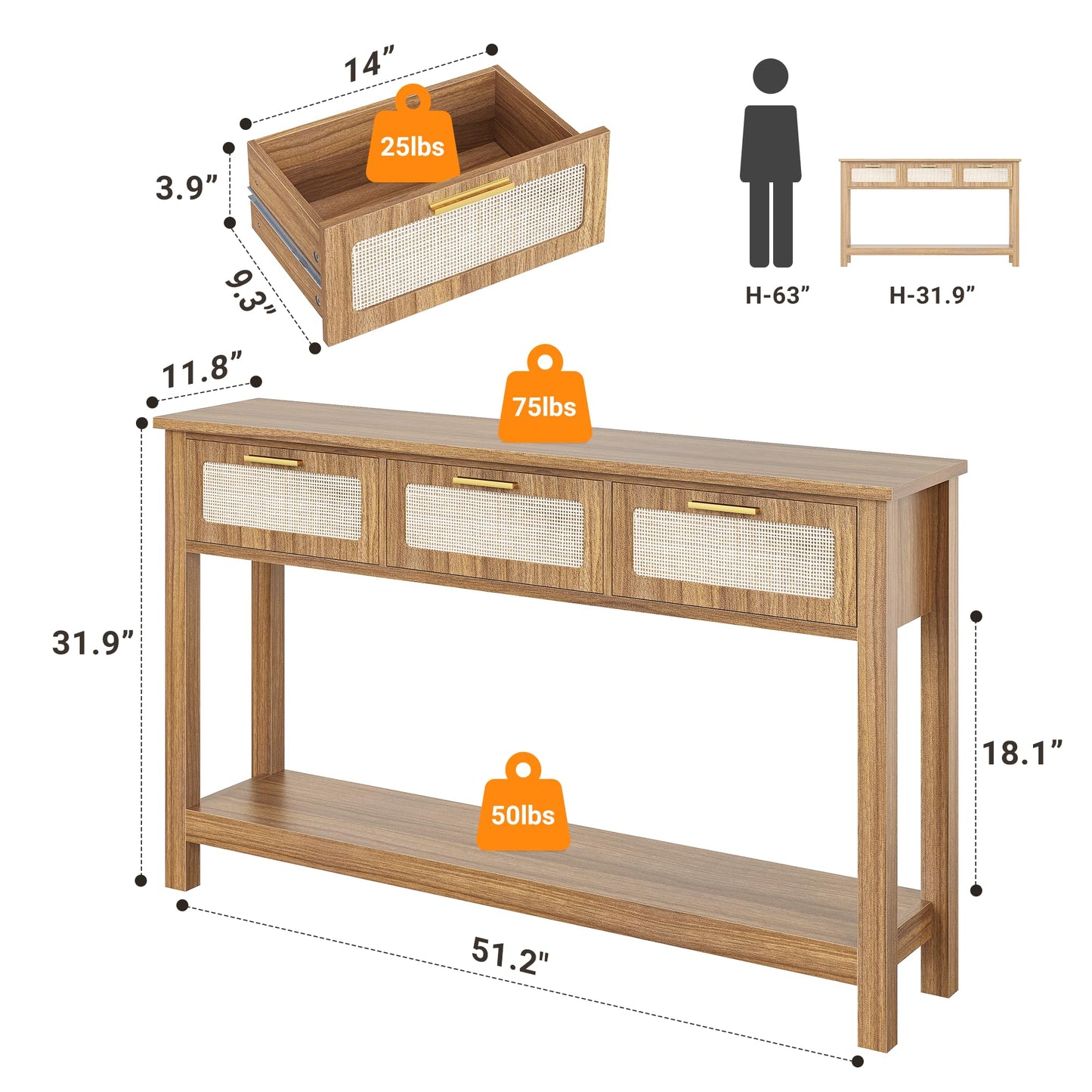 ELYKEN 51.2" Entryway Table with 3 Rattan Drawers, Boho Console Table Narrow with Storage, Long Sofa Table for Behind Couch Entry Hallway, Entrance, Living Room, Oak Brown