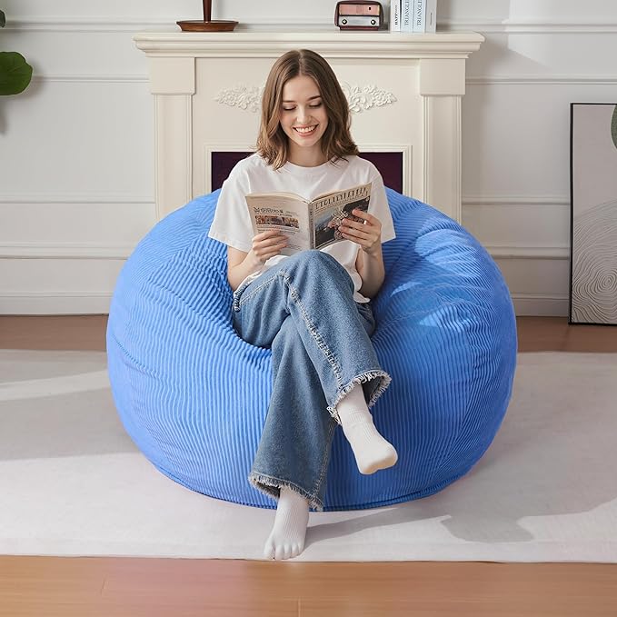 Homguava 3.5FT Bean Bag Chair: Teardrop Bean Bags with Memory Foam Filled, Compact Beanbag Chairs Soft Sofa with Corduroy Cover (Blue)
