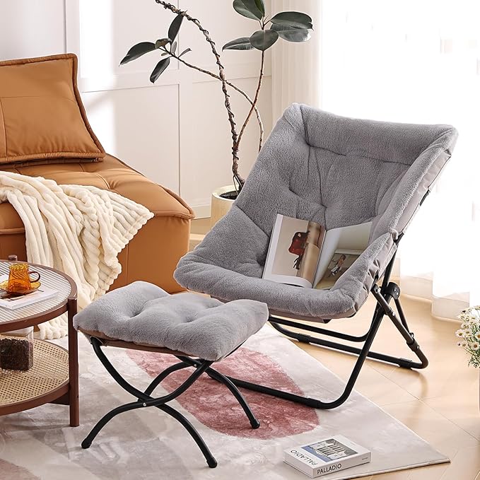 Givjoy Comfy Folded Chair with Ottoman, Oversized Folding Faux Fur Chair Soft Furry Lounge Lazy Chair with Metal Frame Moon Chair Accent Chair for Bedroom, Living Room, Dorm Rooms