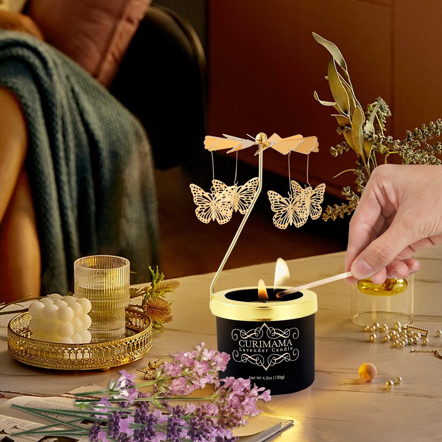 Gifts for Women Birthday Unique, Butterfly Gift for Mom, Rotating Candles Gift for Best Friend, Lavender Candle Presents for Sister, Mom Birthday Gifts from Daughter