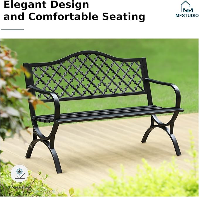 MFSTUDIO Outdoor Metal Bench Set of 2, 50" Black Outdoor Metal Garden Bench with Arch Legs, Cast Iron Frame Patio Furniture with E-Coating, Perfect for Porch and Yard
