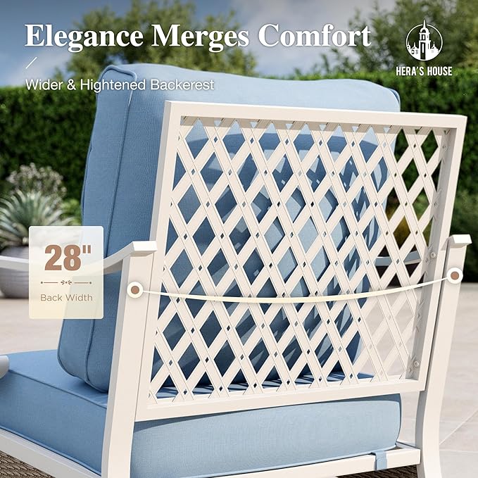 HERA'S HOUSE Patio Furniture Set with Metal & Rattan Design 4-Piece, 2 x Swivel Chairs, 1 x 3-Seat Sofa & Marble Coffee Table, All-Weather Outdoor Conversation Set for Garden Backyard Lawn, Blue