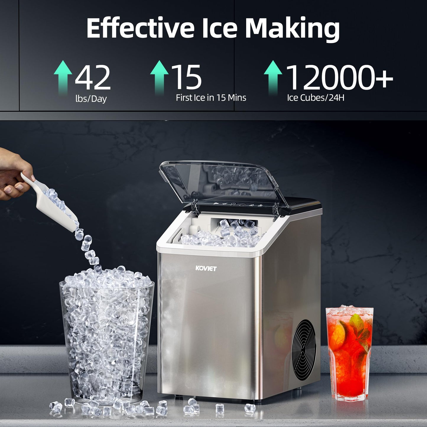 KOVIET Nugget Ice Makers Countertop, Soft Pebble Ice Machine, Chewable Crushed Pellet Ice 42lbs/Day, Self-Cleaning Drainpipe Ice Maker for Party, Home, Kitchen, Bar, Office, Silver Gray