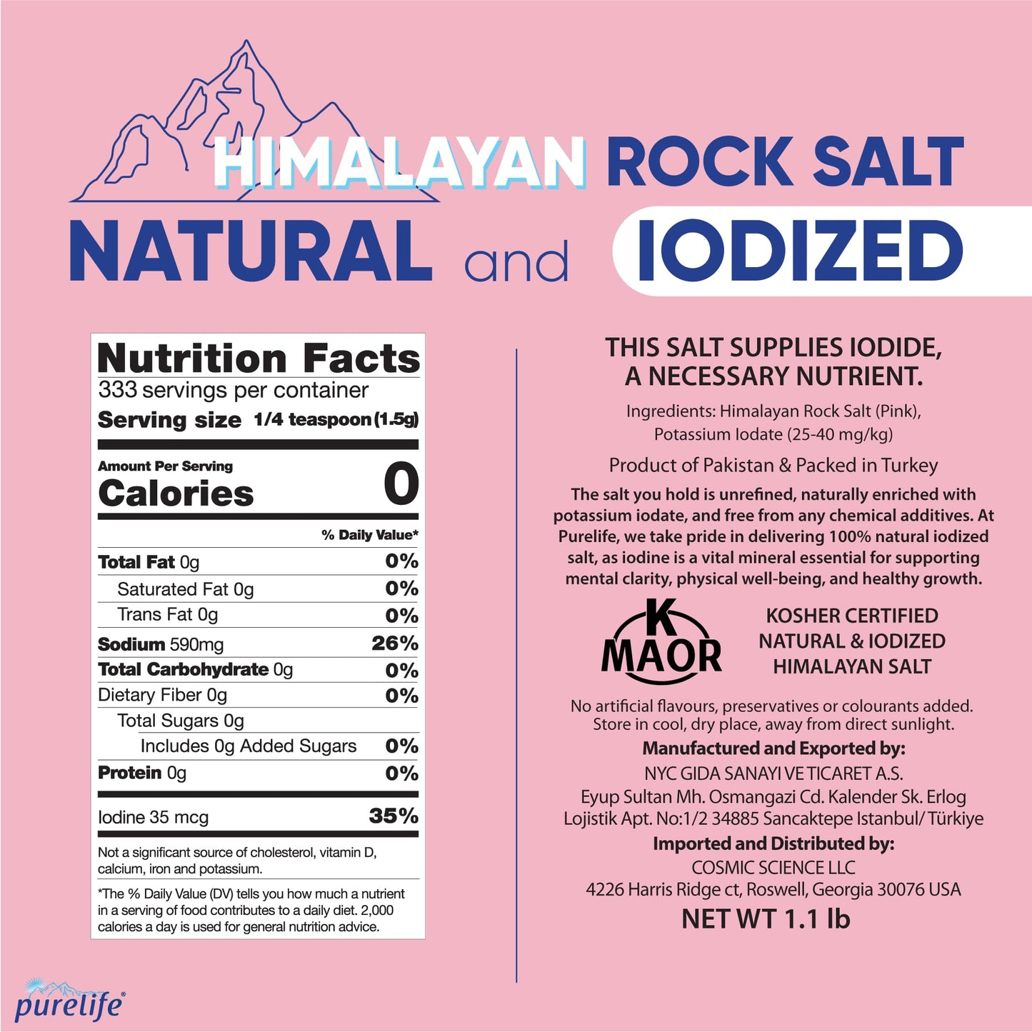 Purelife Himalayan Pink Salt Fine - Iodized Salt, Kosher Certified Pink Himalayan Salt | Premium Unrefined Extra Fine Gourmet Rock Salt Rich in Minerals for Enhanced Flavor - 1.1 Lbs