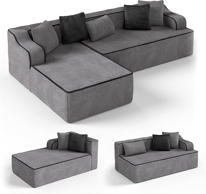 SUNSHINE VALLEY Cloud Sectional Couch for Living Room, 104'' L-Shaped Modular Sofa with Chaise, Modern Corduroy Boneless Couch with Deep Seat, No Assembly Required, Grey