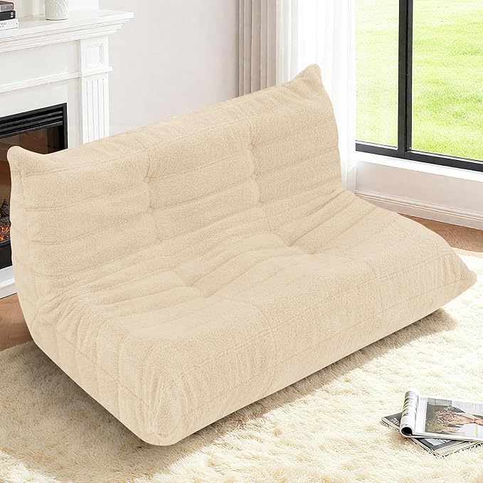 HABUTWAY Bean Bag Chairs Fireside Lazy Floor Sofa, Soft Teddy Fleece 2 Seater Sofa with High-Resilience Foam Filling,Beanbag for Living Room, Bedroom, Office (Khaki Teddy)