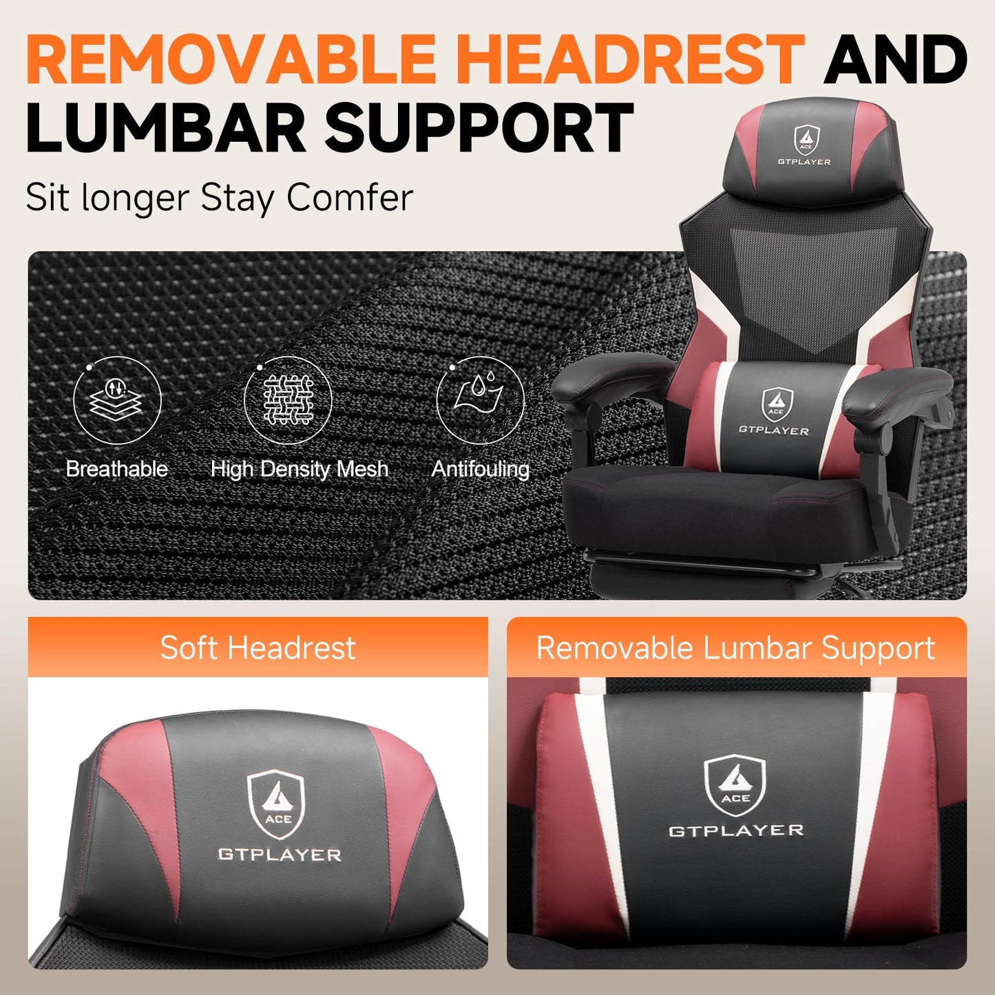 GTPLAYER Computer Chair with Adjustable Footrest, Ergonomic Gaming Chair with Headrest and Lumbar Support, Breathable Mesh Office Chair for Adults, High Back Reclining Desk Chair for Gaming and Office