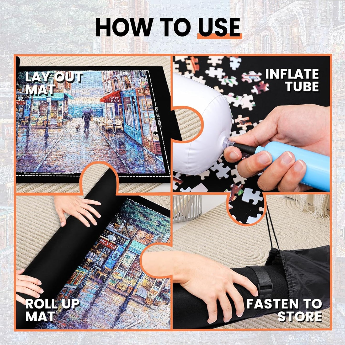 Jigsaw Puzzle Mat Roll Up - 3000 2000 1500 1000 Pieces Puzzel Matte, Black Felt Roll-Up Puzzles Felt Save Mats Trays for Sorting Board Clear Sheets and Frame Keeper for Adults