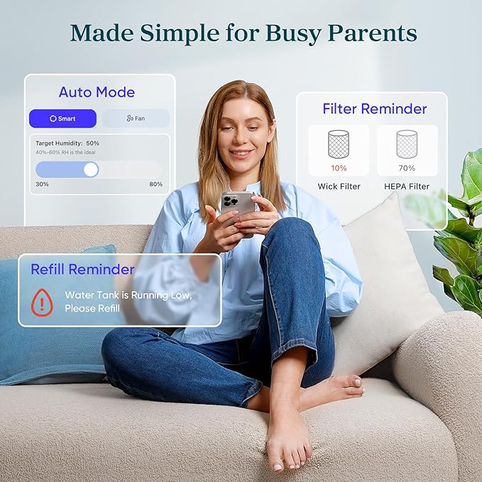 LEVOIT Evaporative Humidifiers for Bedroom Baby, Dual Air and Water Filters, Separate Sensor, Blue Light Free for Nursery Nightlight, Auto Dry, Smart Control & Alexa, Auto Mode, 3.8L Tank for 36H