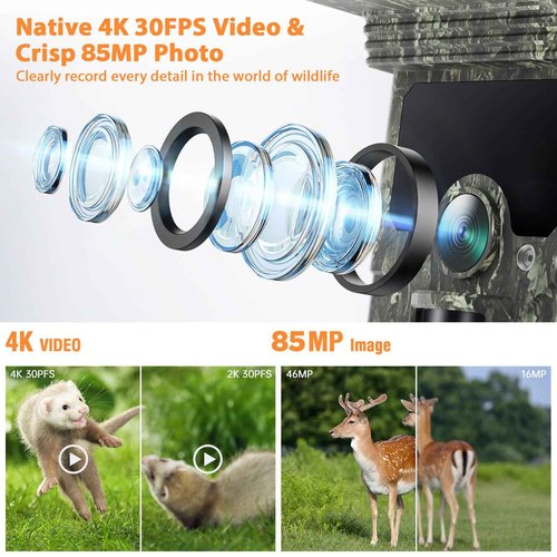 VOOPEAK 4K Trail Camera WiFi - 85MP 30FPS Solar Trail Camera with 850nm Night Vision, 120ยฐ Wide-Angle Motion Activated Game Cam, 0.1s Trigger, IP66 Waterproof for Wildlife Monitoring