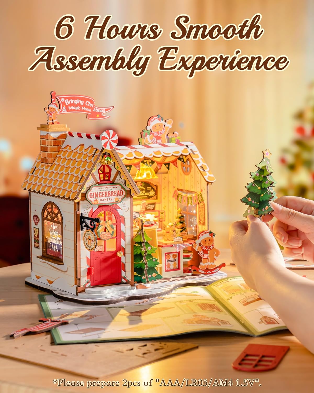 ROBOTIME DIY Miniature House Kit, Tiny House Book Nook for Family and Friends, Mini Wooden Dollhouse Kit for Halloween/Christmas/Birthday Gifts(Gingerbread House)