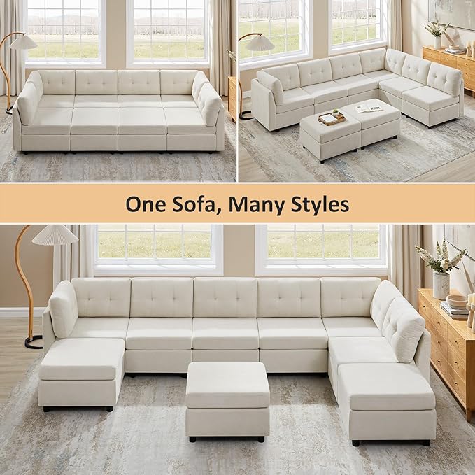 VANOMi 118" Modular Sectional Sofa with 2 Ottomans, 8 Seater Cloud Sectional Sofa Bed, Chenille Sofas & Couches for Living Room, Apartment, Office, White