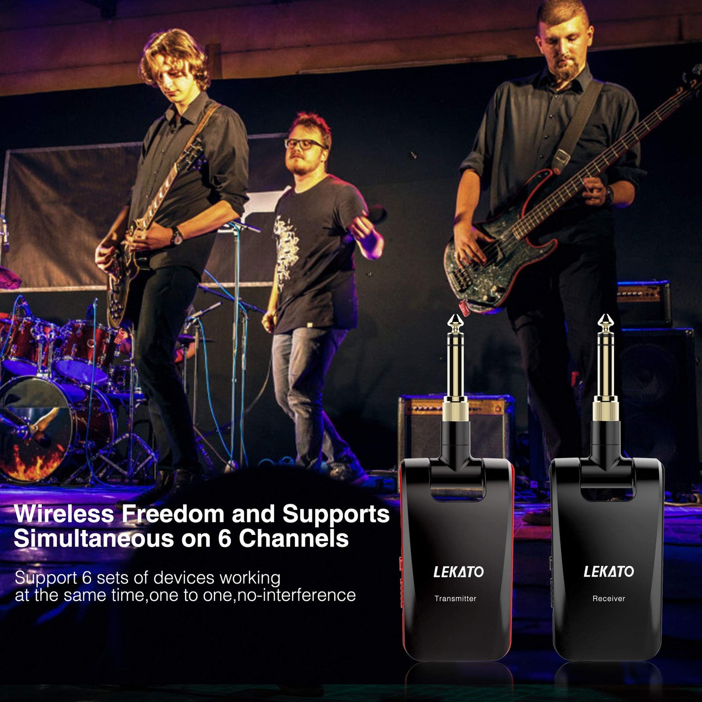 Lekato Wireless Guitar System 2.4Ghz Rechargeable Audio Wireless Transmitter Receiver 6 Channels For Guitar Bass Electric Instru