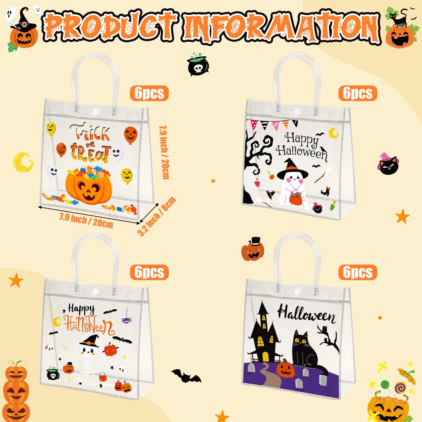 H1vojoxo Halloween Party Favor Bags - 24PCS Happy Halloween Clear PVC Bags with Handle Reusable Trick or Treat Goodie Treat Candy Tote Bag for Kids Pumpkin Ghost PVC Tote Bag for Party Decoration