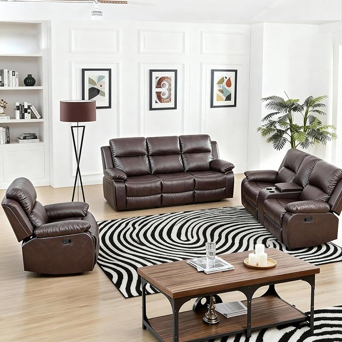 Saxum Tegmen Living Room Furniture Sets, Leather Recliner Sofa, Sectional Loveseat Couch with Cup Holders, 1 Piece Furniture Set for Living Room/RV/Office (Loveseat, Brown Leather)