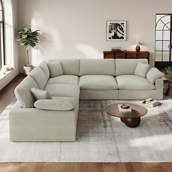 Cloud Modular Couch for Living Room,5 Seat V Shape Linen Blend Sofas,Modern Deep Seat Cloud Sofas,Convertible Comfort Down Filled Sectional Couches,Removable Washable Cushion Covers,Light Biege