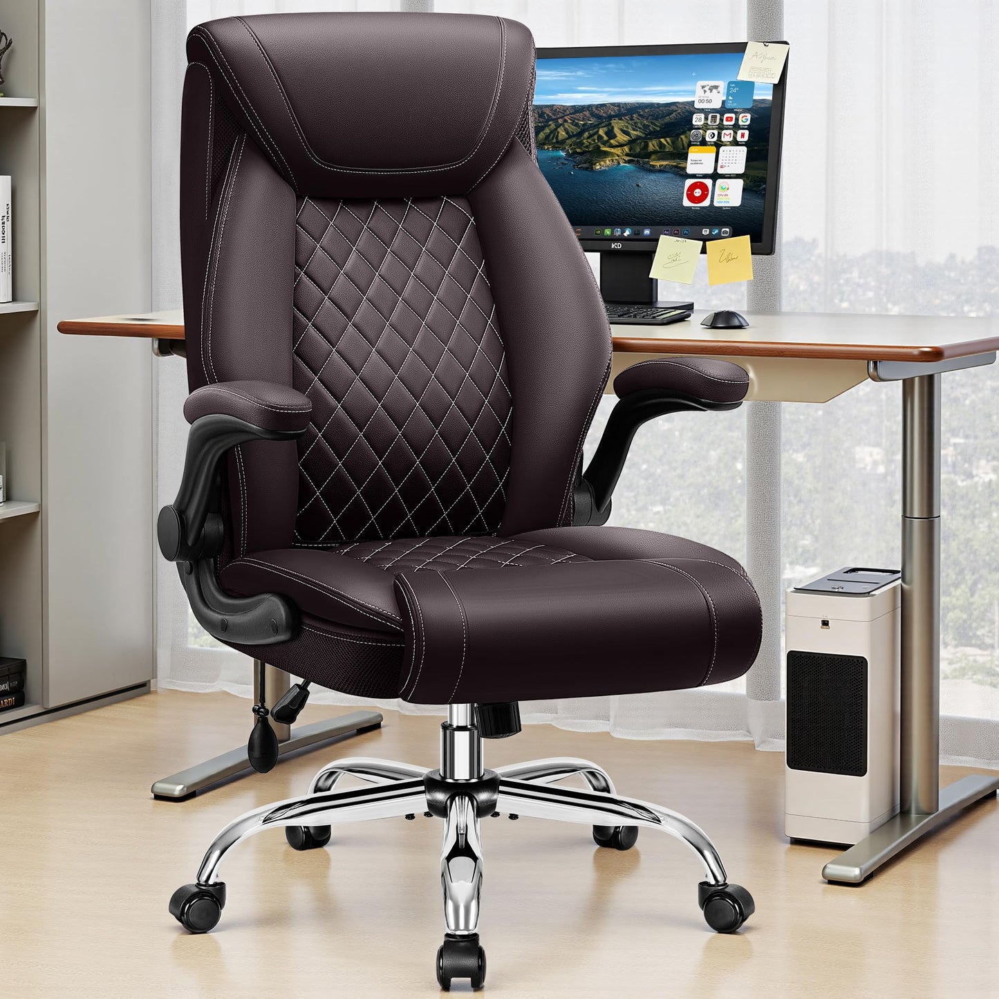 Office Chair, Big and Tall Ergonomic Desk Chair, Executive Leather Computer Chair with Adjustable Lumbar Support, Comfy Gaming Chair with Flip Up Arms, Swivel PC Chair with Rocking Function, Coffee