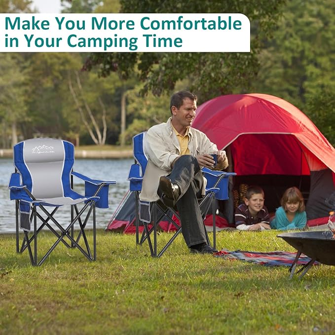 SAILARY Camping Chair Heavy Duty High Back Folding Chair with Cup Holder, 450lbs Capacity, Padded Seat, Cooler Bag & Storage Pocket, Portable for Outdoor, Beach, Fishing, Sports, Blue