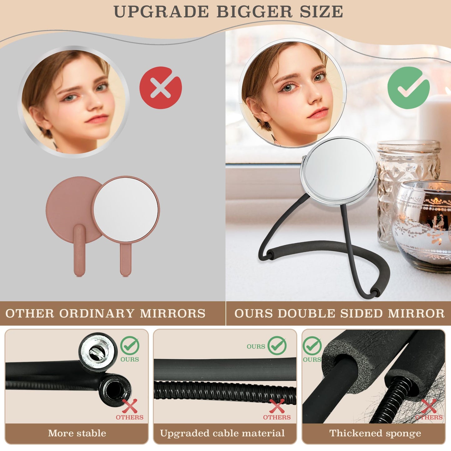 XWZMR Double Sided Mirror to See Back of Head,Big Size 360self Haircut Hands Free Adjustable Mirror,Standard Viewing and 5X Magn