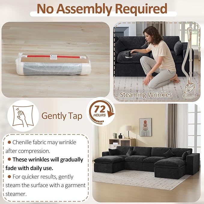 155''Cloud Boneless Modular Couch, Oversized Sectional Sofa Deep Seat with 2 Ottomans, Modern Upholstered Convertible U Shape Couch Comfy 6 Seater Chenille Sofa Couches for Living Room, Dark