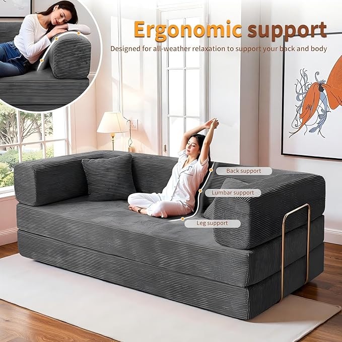 Kelyda 79 Inch Convertible Sofa Bed Couch in Box, 5 in 1 Folding Modular Boneless Couch with Pull Out Bed 2 Pillows, Soft Corduroy Floor Futon Lounge Loveseat Sleeper Lazy Cama No Assembly Dark Grey