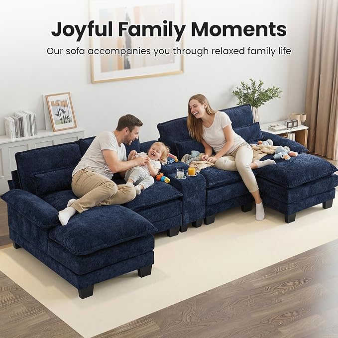 125" U Shaped Cloud Modular Sectional Couch for Living Room, Small Comfy Sherpa Sofa with Double Chaise Lounge, Storage Central Console, Cup Holders, USB Port, Navy