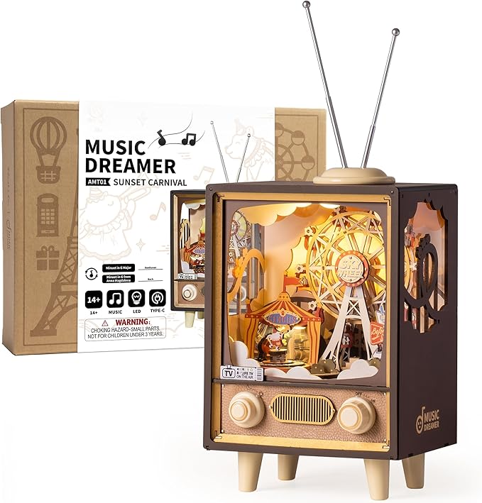 ROBOTIME Wooden Music Box 3D Wooden Puzzles for Adults Ferris Wheel Music Box Model Building Set DIY Book Nook Kit for Hobby Personalized Crafts Gift (Sunset Carnival)