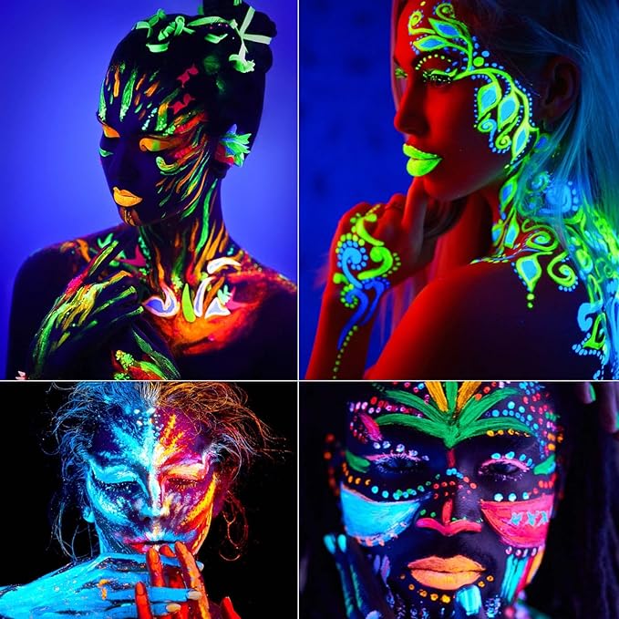 12 Pcs Glow in the Dark Face Body Paint,Blacklight Neon Face & Body Paints,Easily Cleanable Paint Set Neon Makeup Glow in the Dark Party Supplies