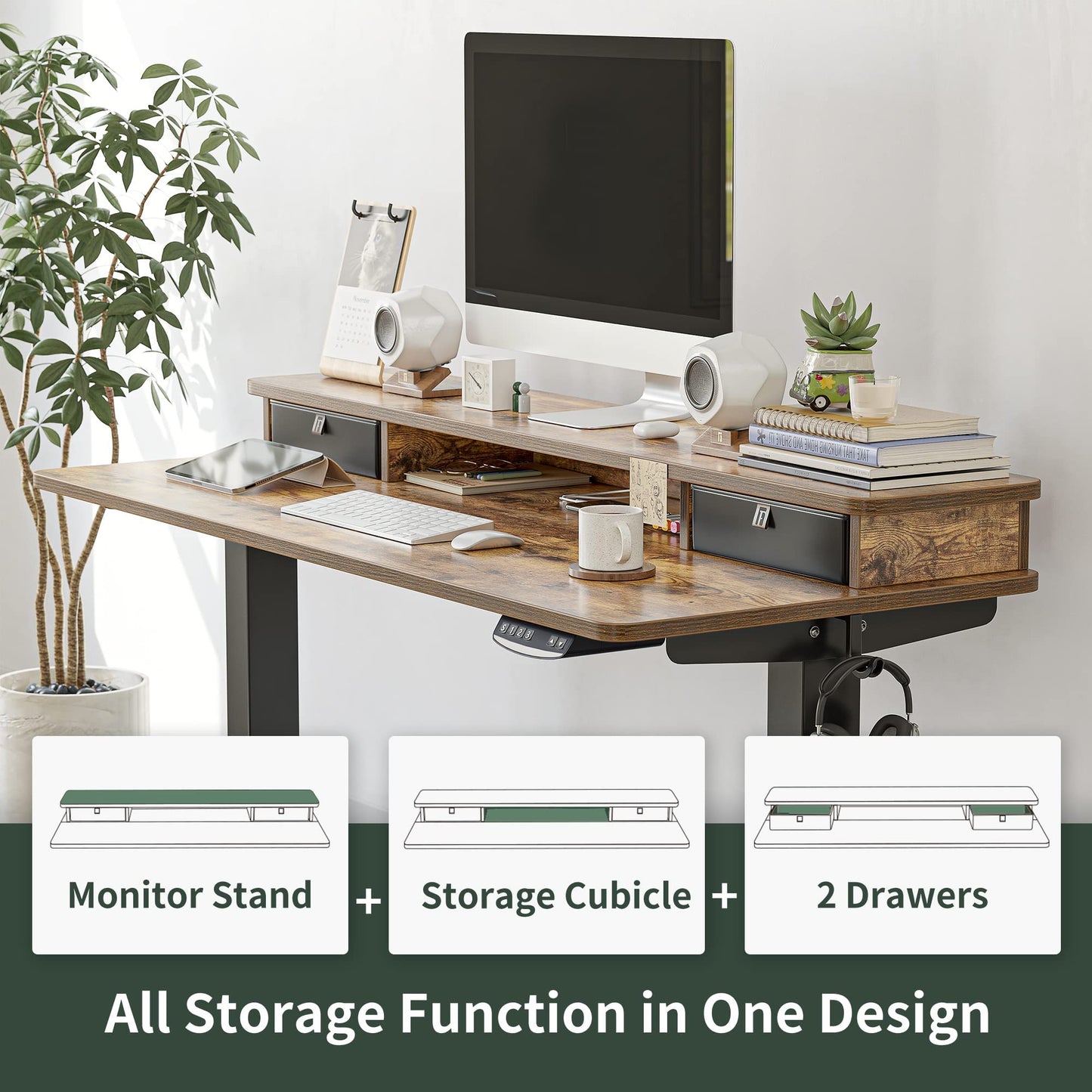FEZIBO 48 x 24 Inch Height Adjustable Electric Standing Desk with Double Drawer, Stand Up Table with Storage Shelf, Sit Stand Desk, Rustic Brown