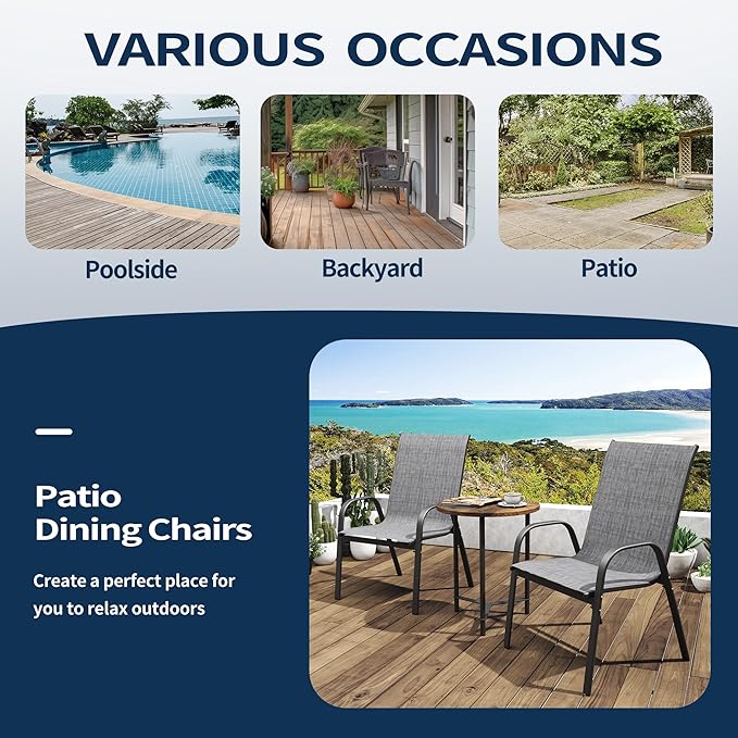 PIZZELLO Patio Chairs Set of 6 - Outdoor Stackable Dining Chairs for All Weather - Breathable Textilene Outdoor Chair Sets with Curved Armrests - 300Lbs Capacity - for Lawn Backyard Garden (Grey)