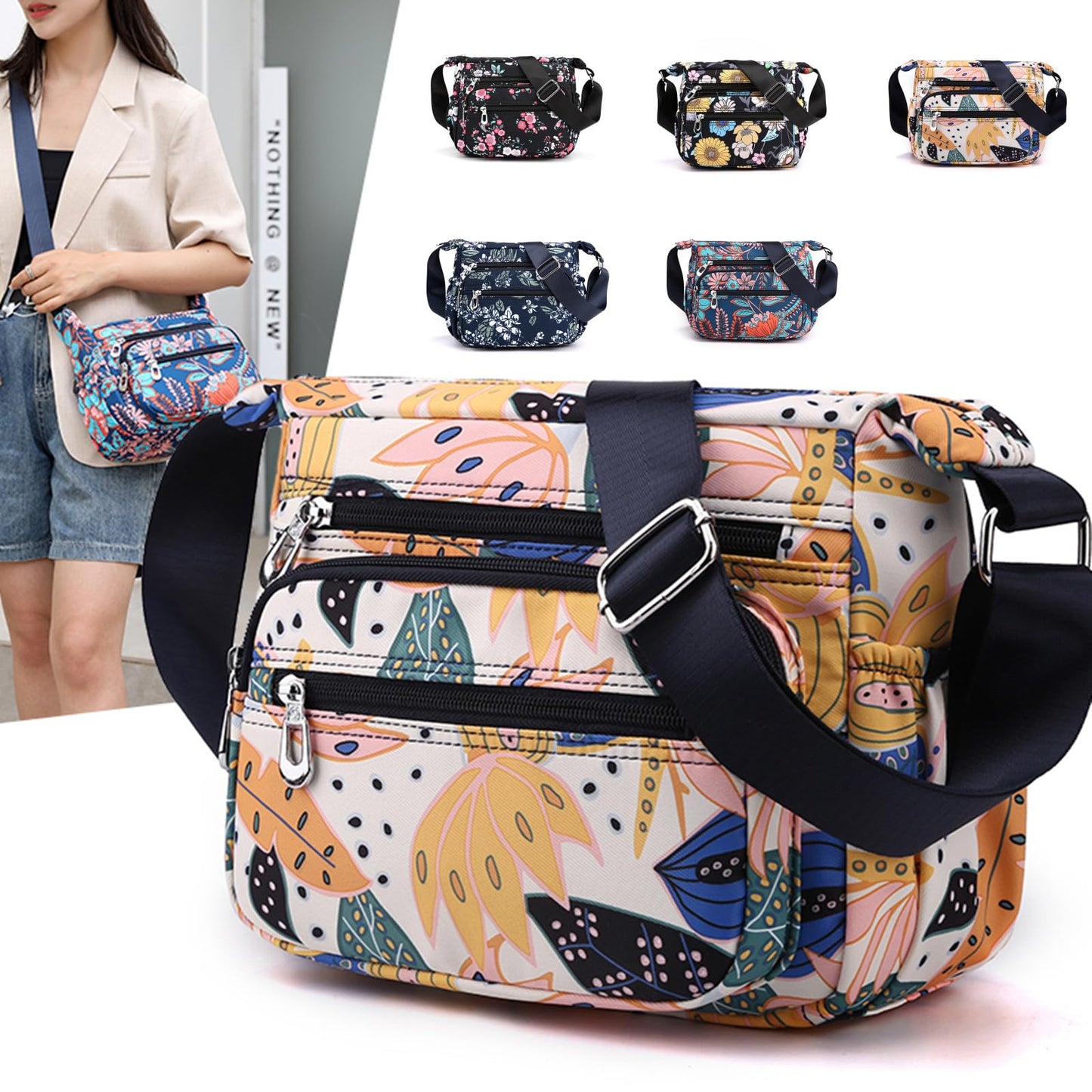 Wafybsre Crossbody Bags for Women, Medium Size Shoulder Handbags Satchel Purse with Multi Zipper Pockets (Galsang flower)