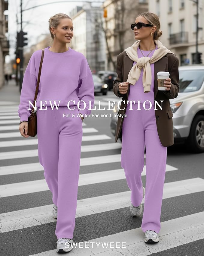 Sweetyweee Women's 2 Piece Outfits Set Fleece Lined Lounge Sweatsuit Crewneck Pullover Top Wide Leg Pants Casual Tracksuit