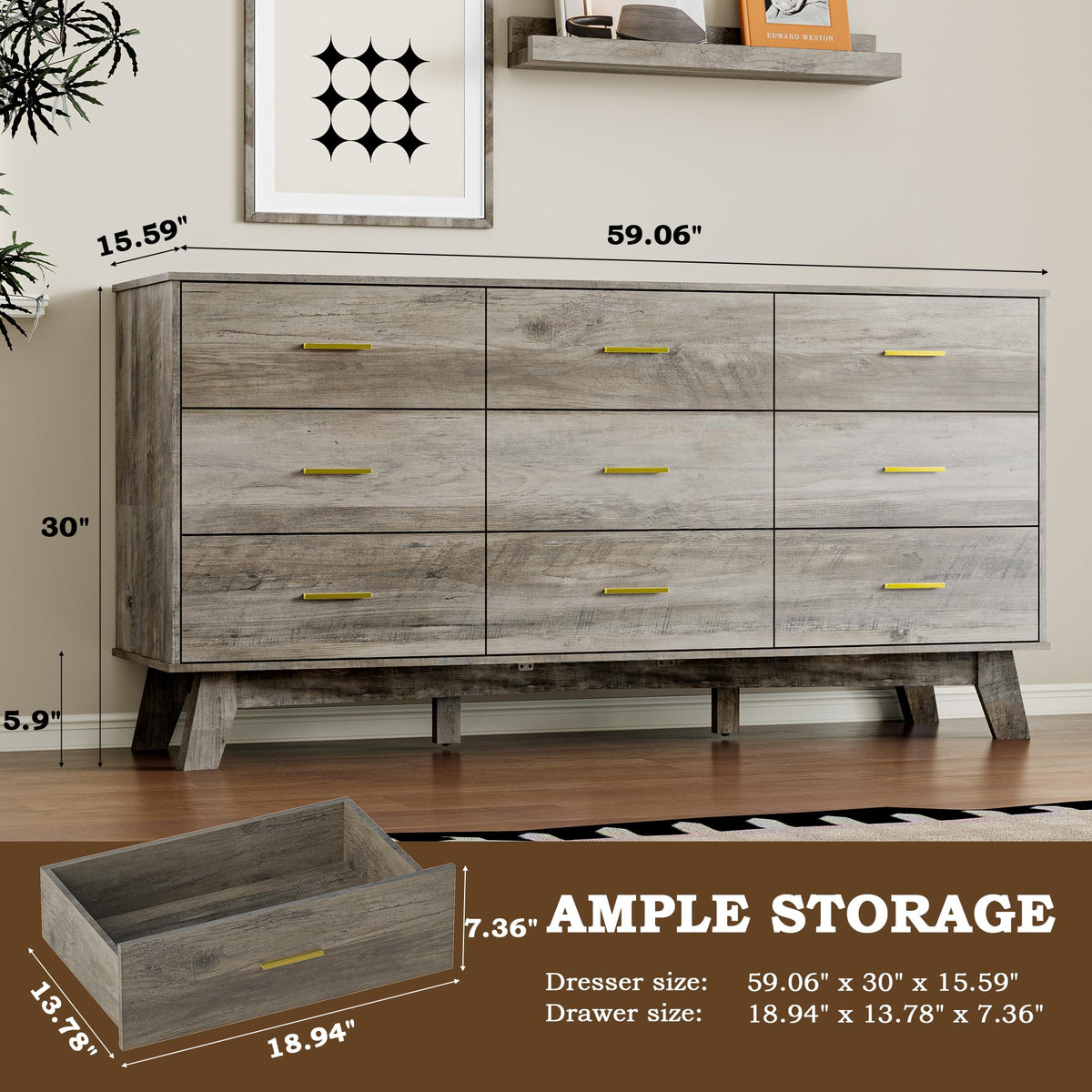 BORNOON Dresser for Bedroom with 9-Drawer, 59" Wide Modern Chest of Drawers with Metal Handles, X-Shape Base & Adjustable Center Leg, Anti-Tip Closet Organizers and Storage